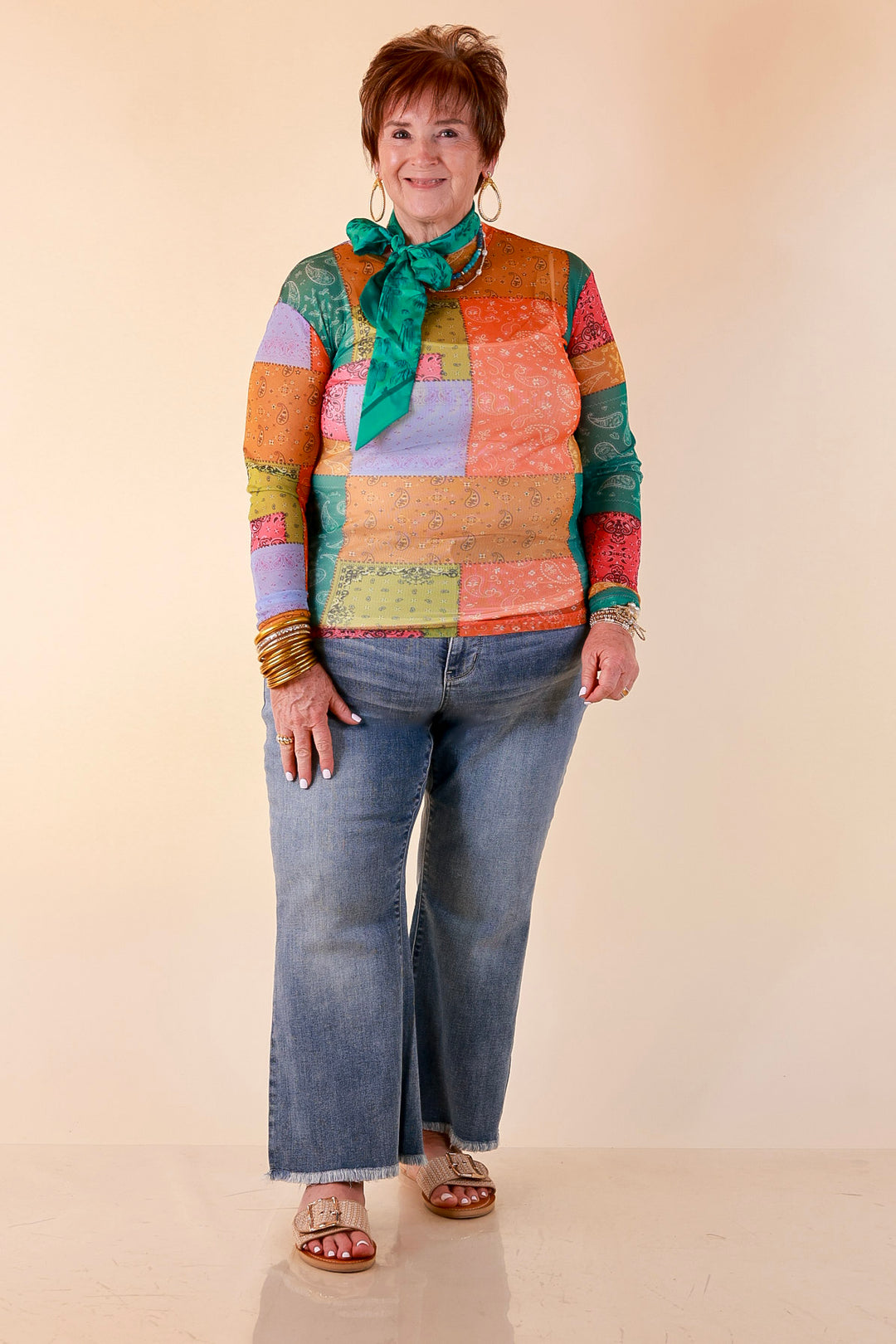 Western Dream Patchwork Paisley Bandana Print Sheer Mesh Long Sleeve Top in Multicolor