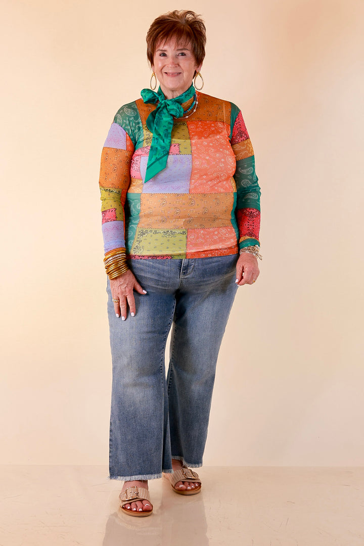 Western Dream Patchwork Paisley Bandana Print Sheer Mesh Long Sleeve Top in Multicolor