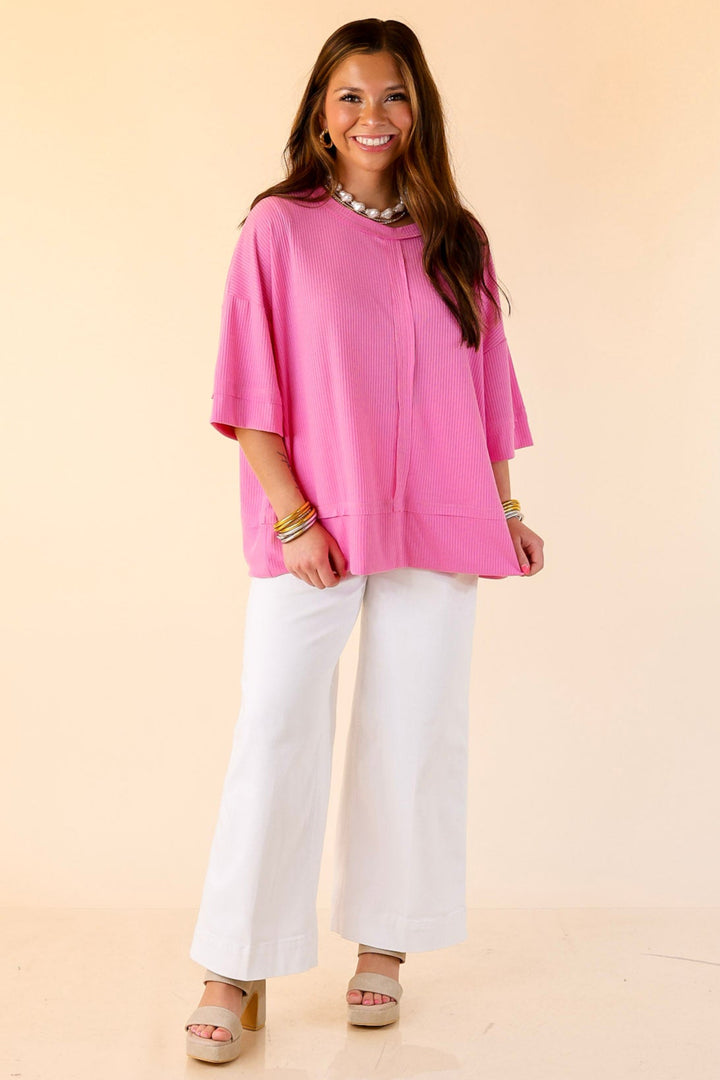 Subtle Spark Crew Neck Short Sleeve Shirt with Seam Detailing in Pink