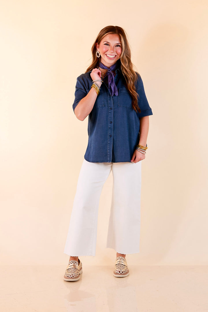 Lyssé | Best Dressed Short Sleeve Button Down Chambray Denim Shirt in Dark Wash