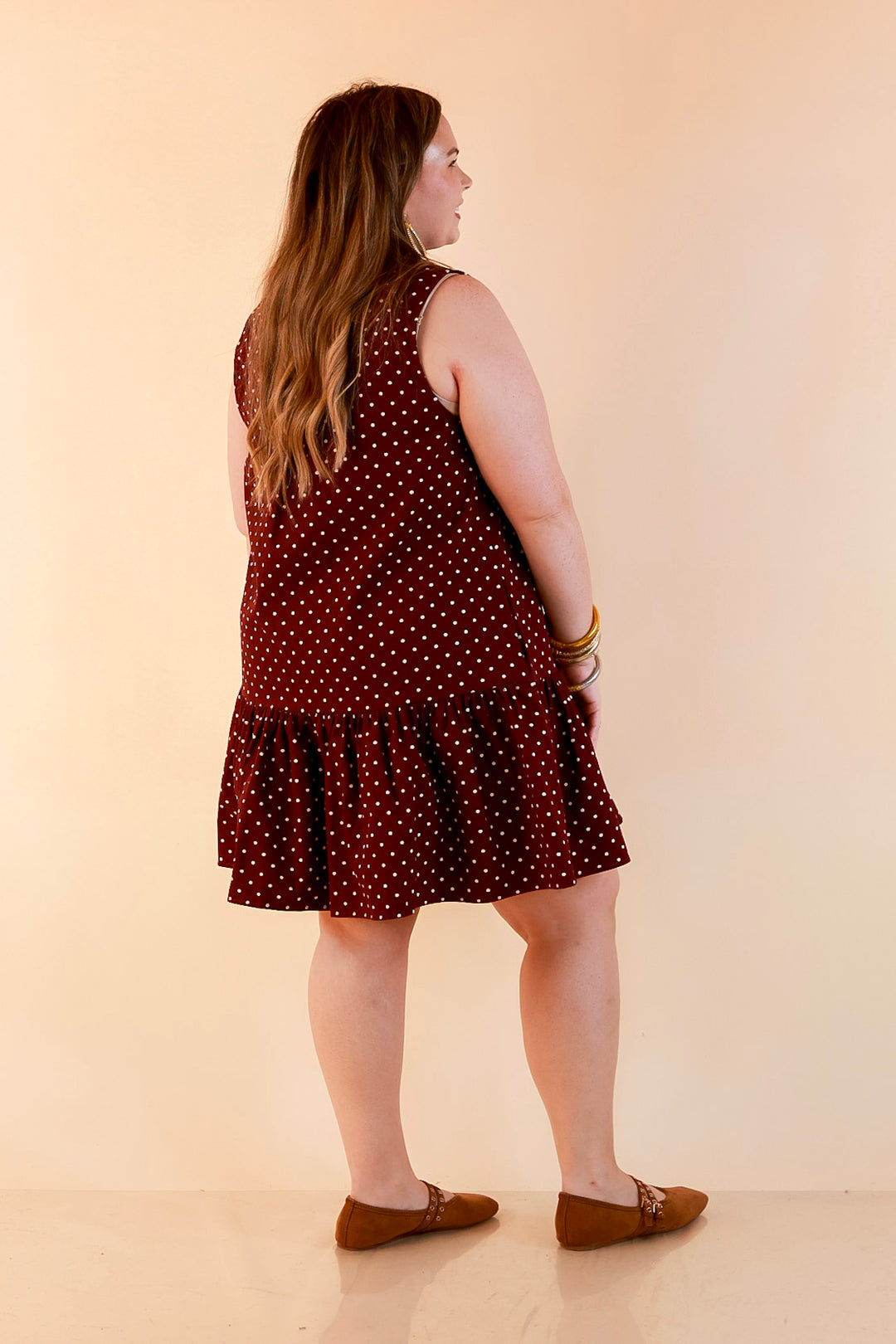Sweet Spot Denim Polka Dot Bow Neck Tie Button Front Drop Waist Dress in Maroon