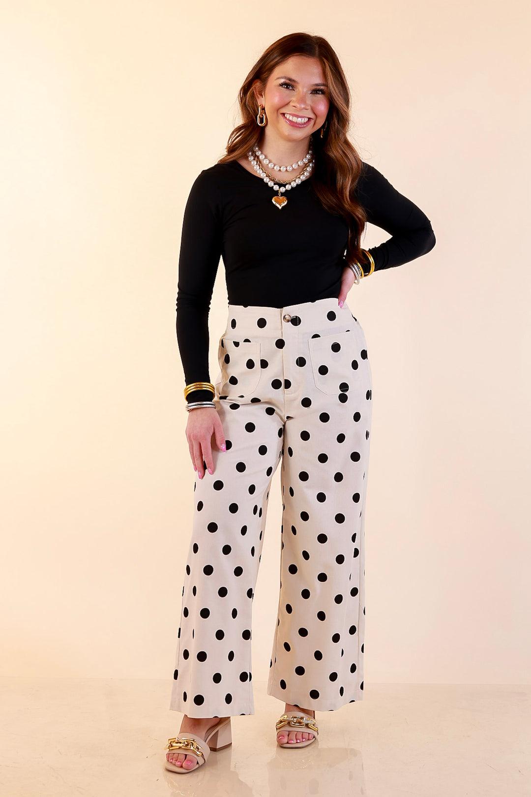 Spot on Style Wide Leg Black Polka Dot Print Pant with Front Patch Pocket in Cream