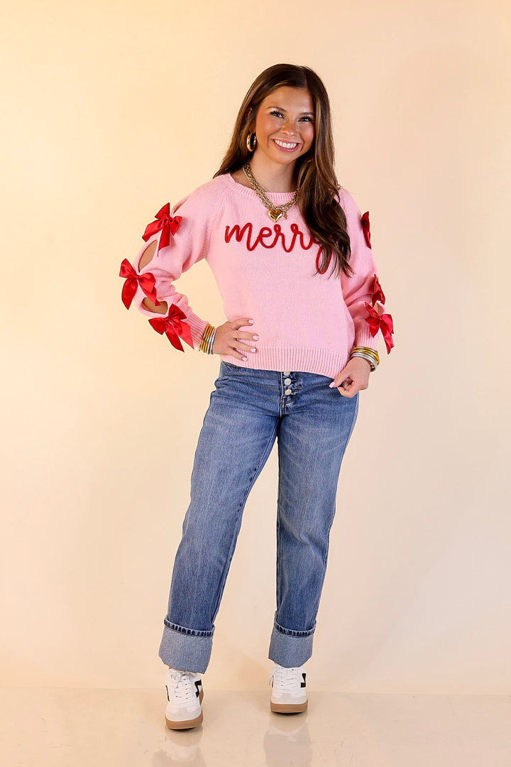 Simply Southern | Merry Moment Textured Knit Sweater with Red Bows in Pink