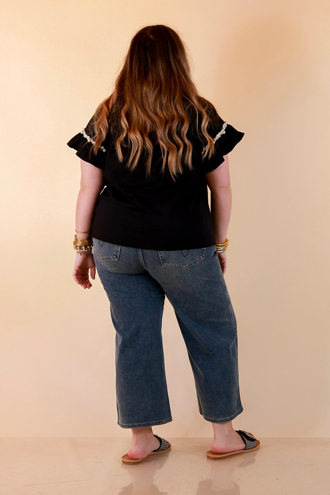 Pearl Perfection Pearl Trim Ruffle Sleeve Button Front Top in Black
