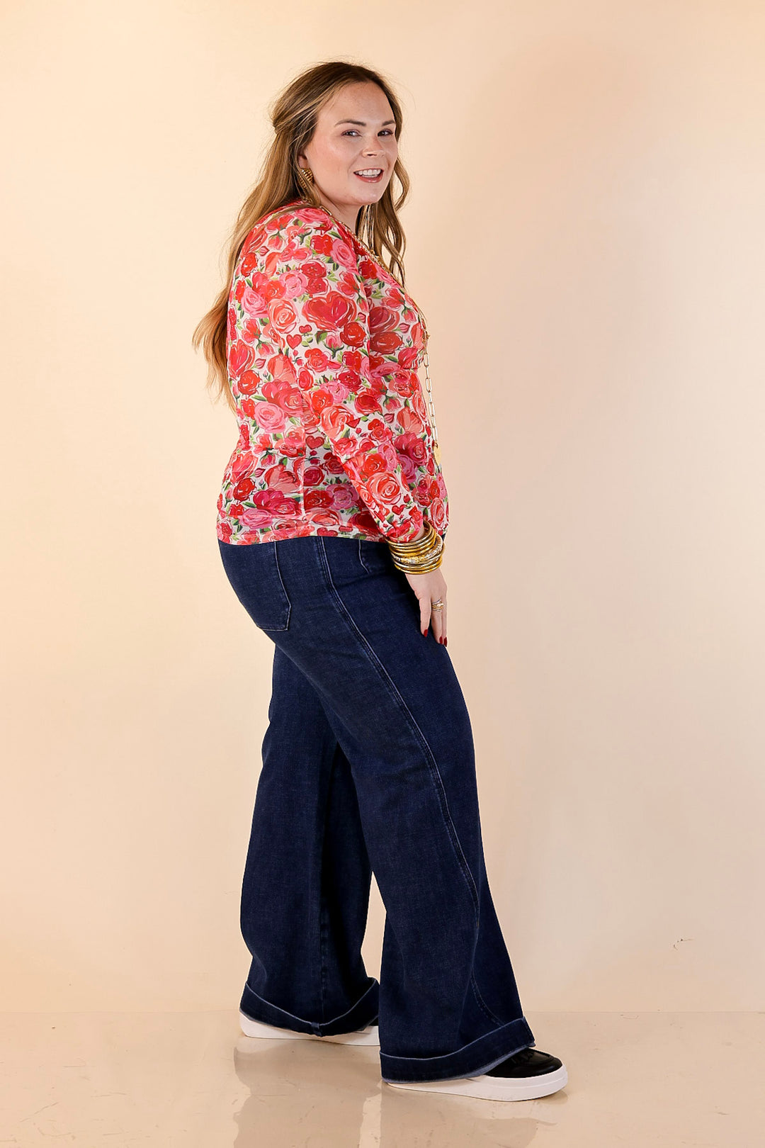 The Perfect Layer Colorful Floral and Hearts Print Mesh Long Sleeve Top in White