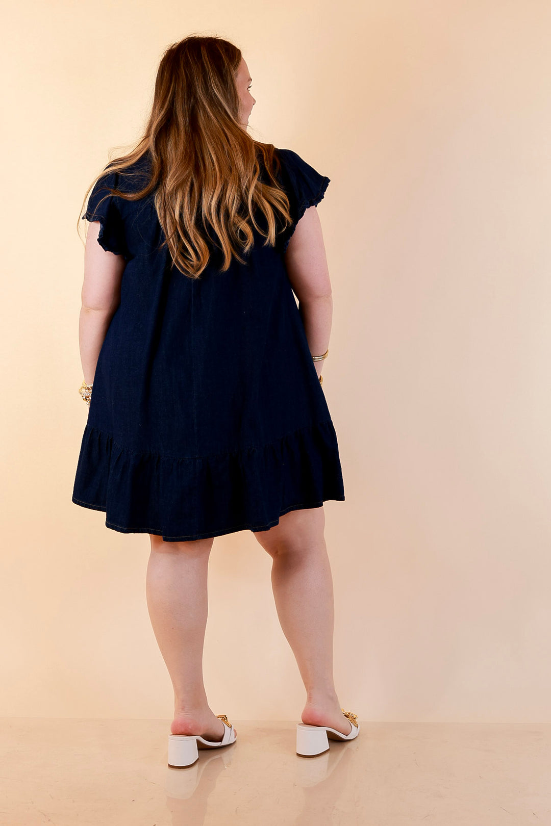 Day to Day Denim Smocked Yoke Dress with Ruffle Front and Flutter Sleeves in Dark Wash
