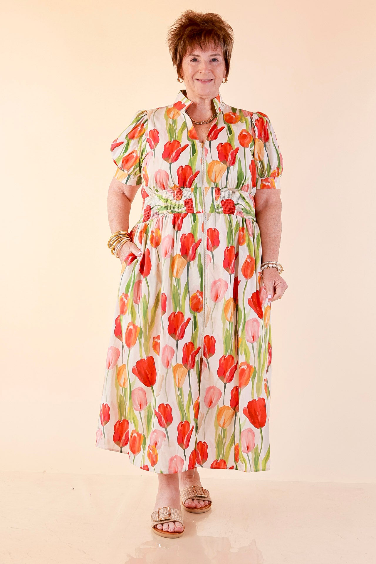 Midi Tulip Print Dress with Smocked Waist and Short Sleeves in