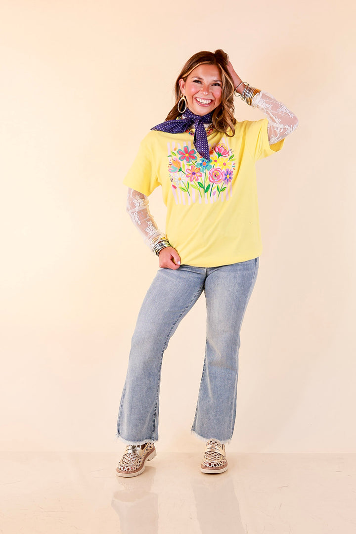 Freshly Picked Floral and Stripe Print Short Sleeve Graphic Tee in Yellow