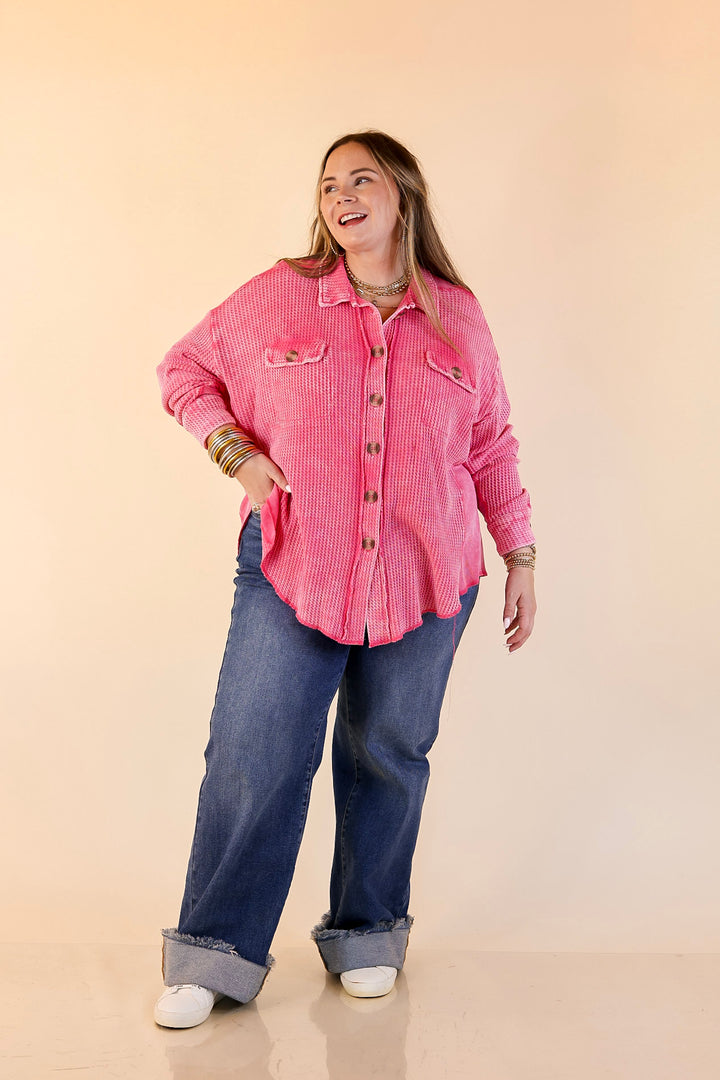 On the Move Long Sleeve Waffle Knit Button Up Shacket in Pink