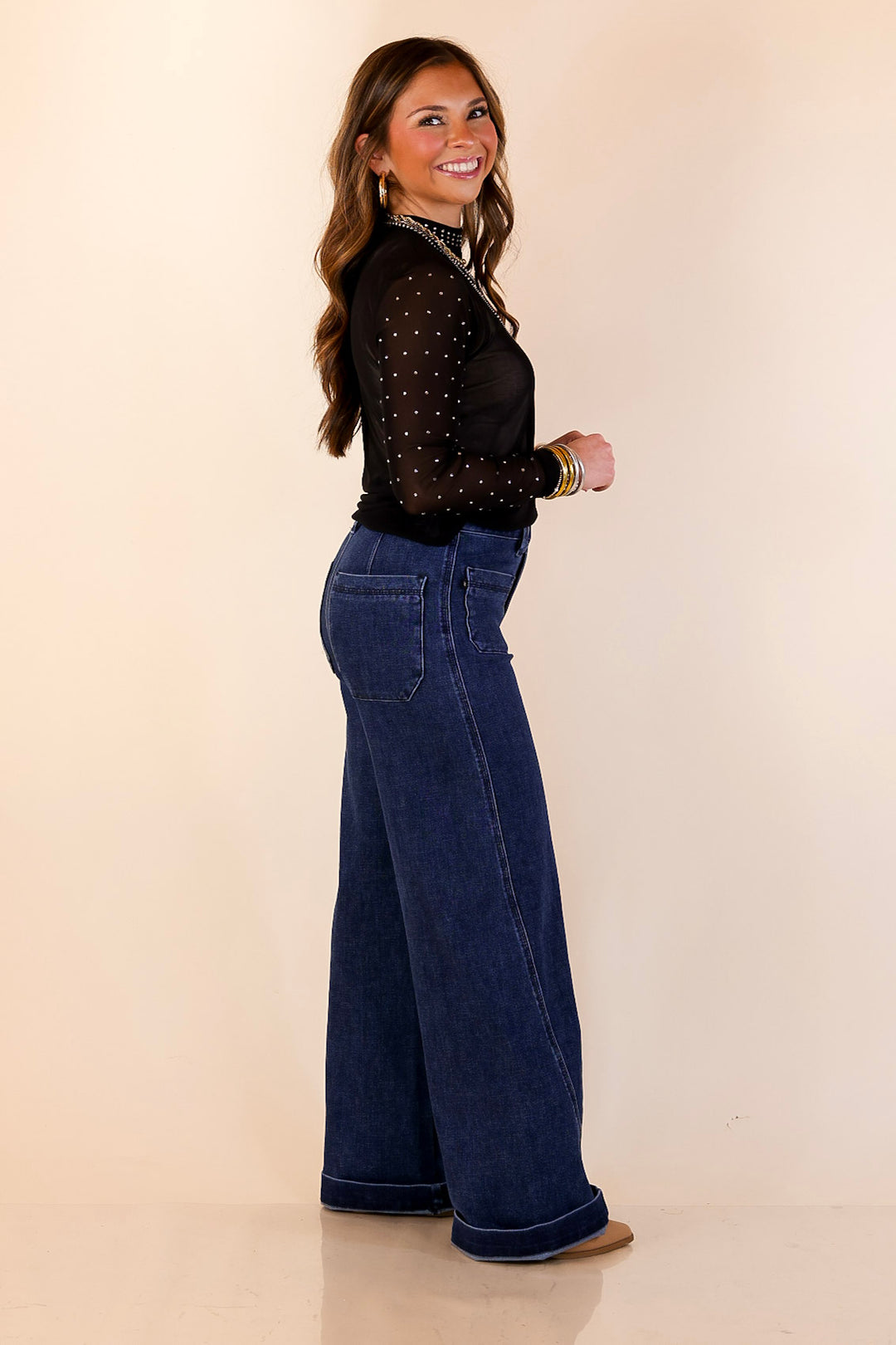 Sheer Confidence Solid Mesh Long Sleeve Top with Rhinestone Detailing in Black