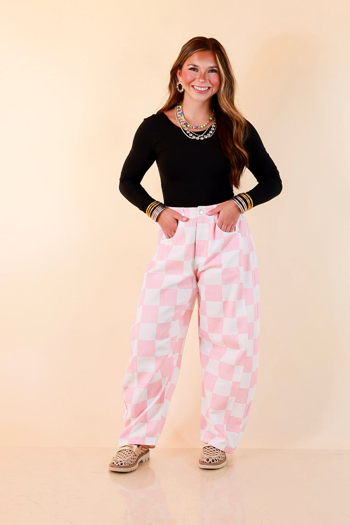 Check Me Out Wide Leg Checkered Print Barrel Denim Jean in Pink