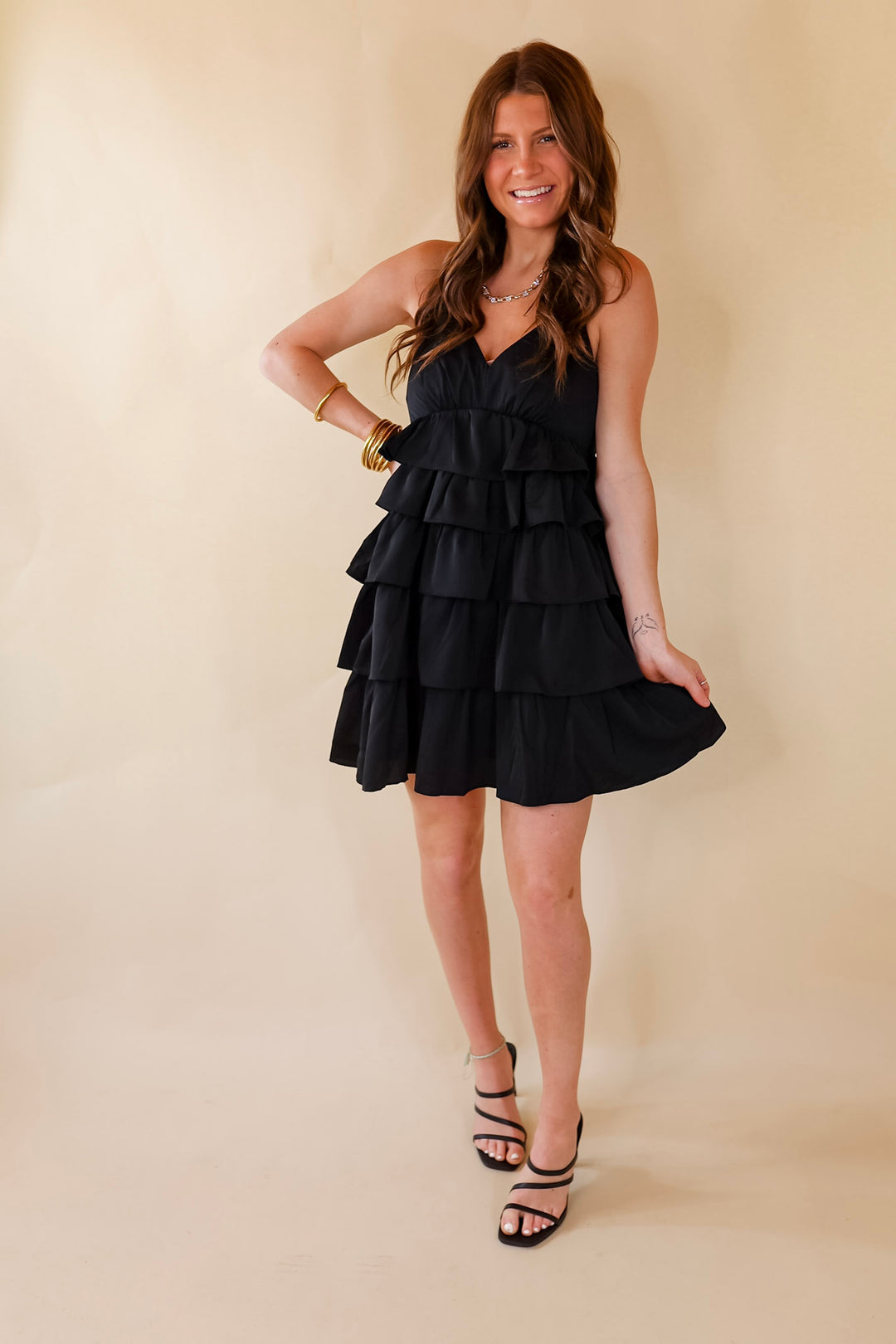 Dare to Dance Ruffled Spaghetti Strap Dress in Black - Giddy Up Glamour Boutique