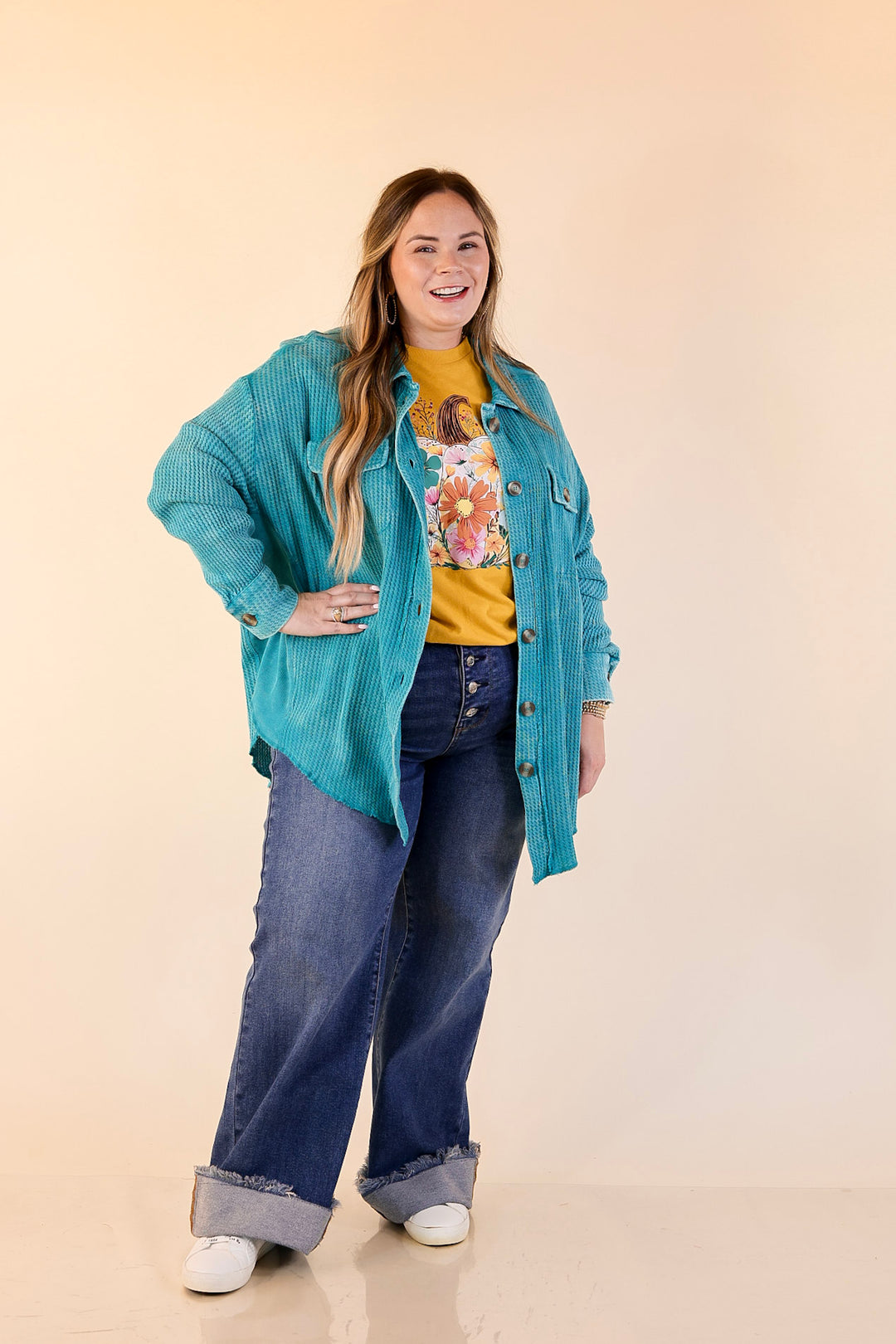 On the Move Long Sleeve Waffle Knit Button Up Shacket in Turquoise Blue