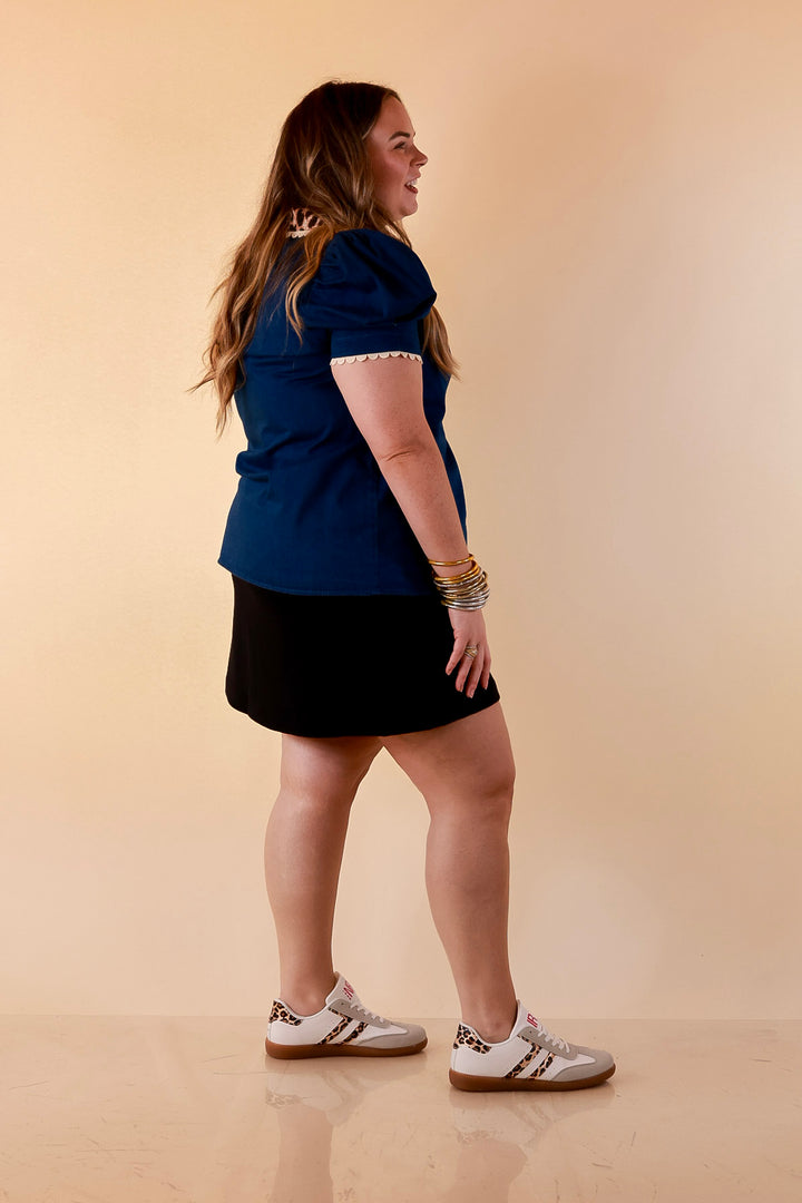 Chic in Command Contrast Leopard Print Trim with Ruffle Detailing Puff Sleeve Top in Denim