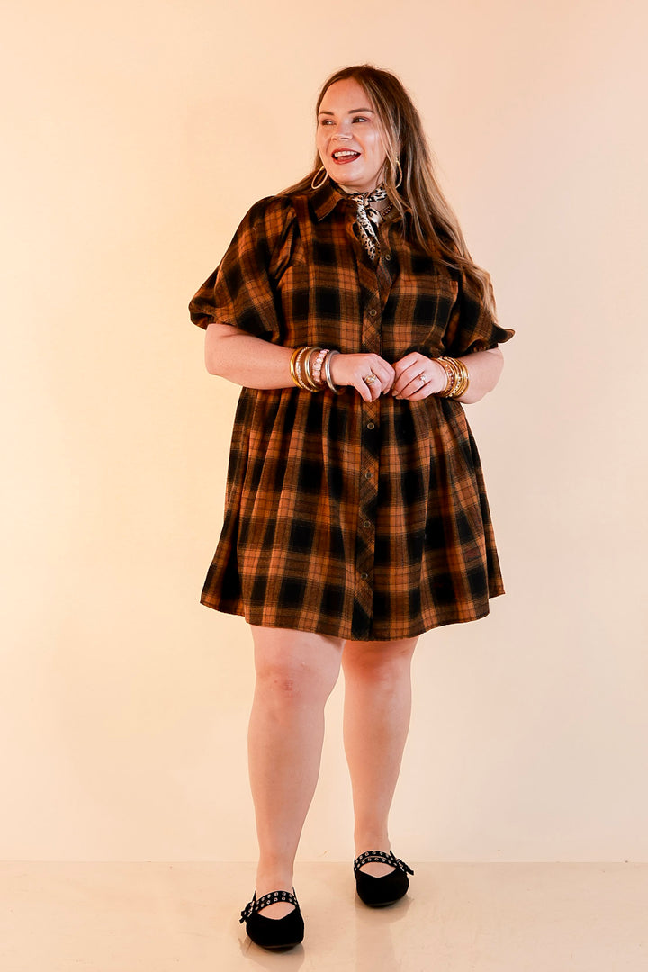 Adventures Ahead Plaid Button Up Babydoll Dress in Camel Brown