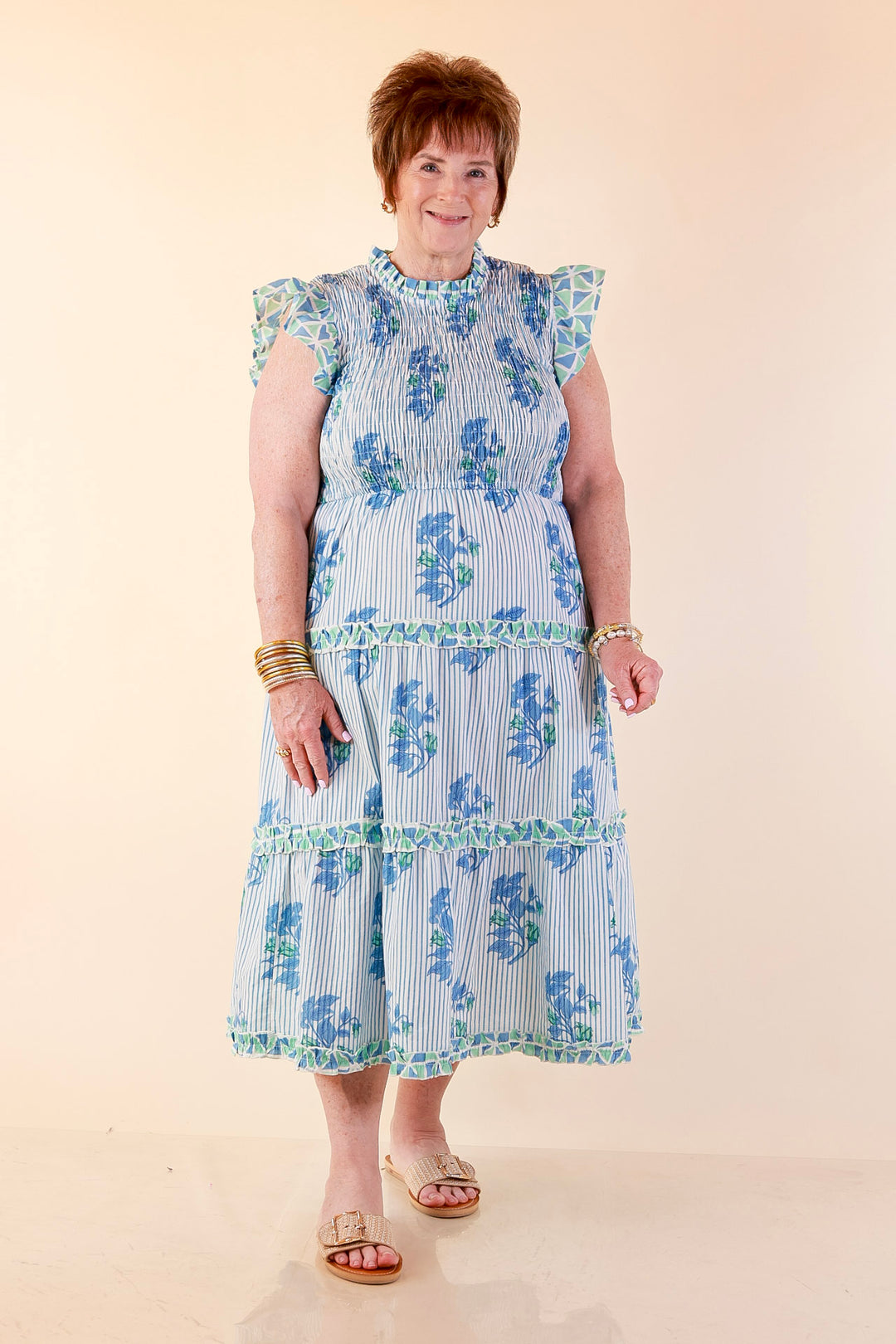 Mud Pie | Graceful Charm Smocked Floral and Stripe Print Tiered Midi Dress with Ruffle Sleeves in Blue