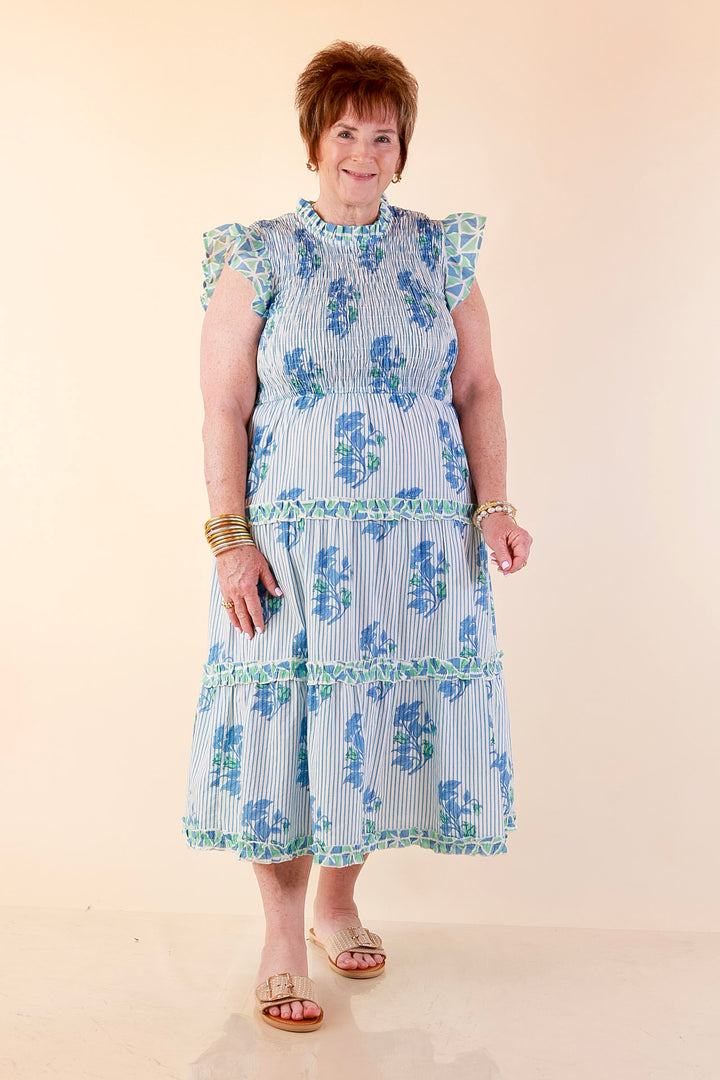 Mud Pie | Graceful Charm Smocked Floral and Stripe Print Tiered Midi Dress with Ruffle Sleeves in Blue