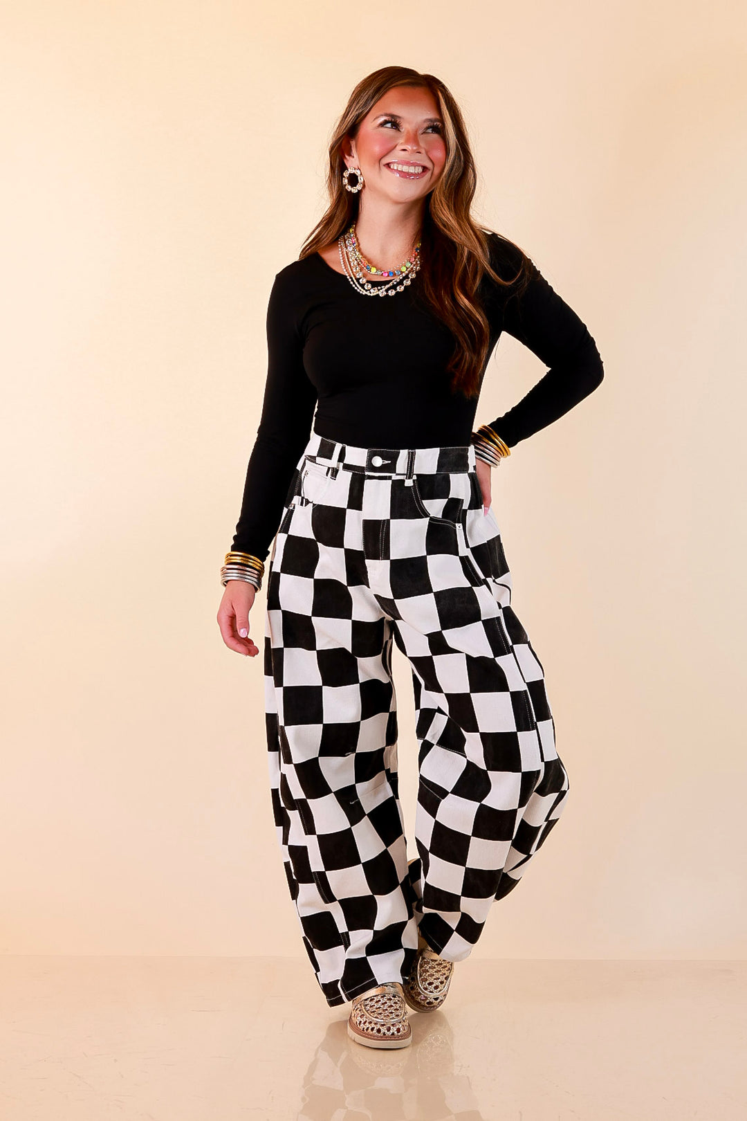 Check Me Out Wide Leg Checkered Print Barrel Denim Jean in Black