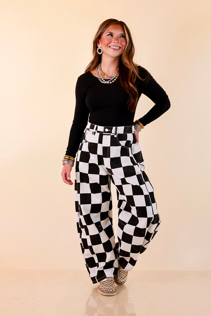 Check Me Out Wide Leg Checkered Print Barrel Denim Jean in Black