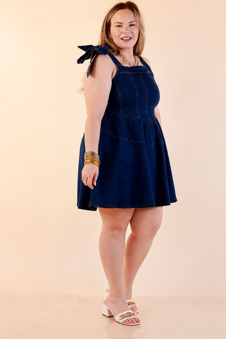 Denim Daydream Tie Shoulder Square Neck Tiered Corset Denim Mini Dress in Dark Wash