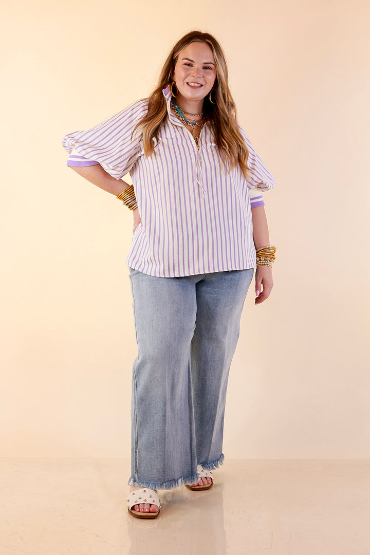 Bold Instincts Striped Print Half Zip Top with Puff Sleeves in Lavender Purple and Ivory