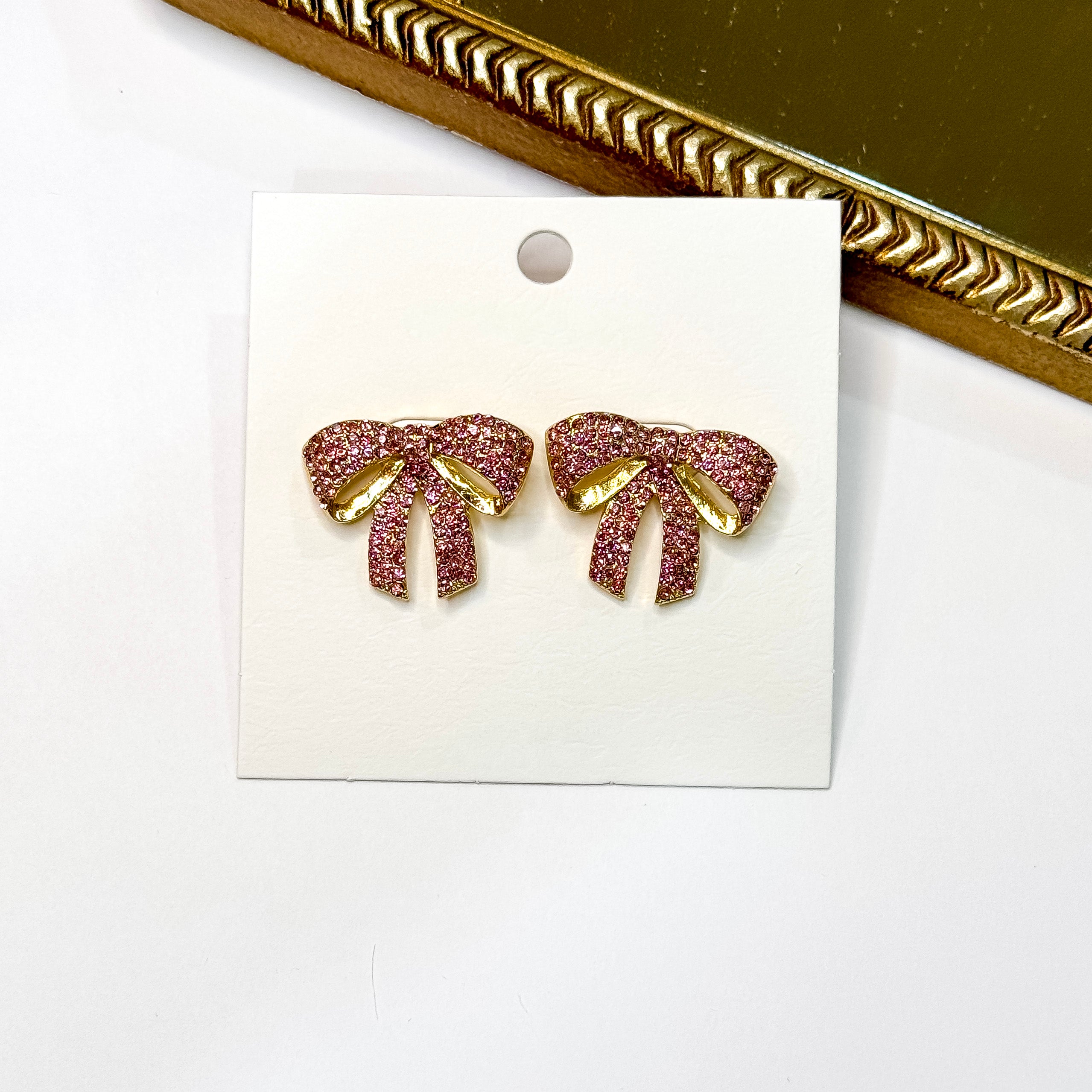 Twinkling Treasure Gold Tone Pink Rhinestone Bow Stud Earrings