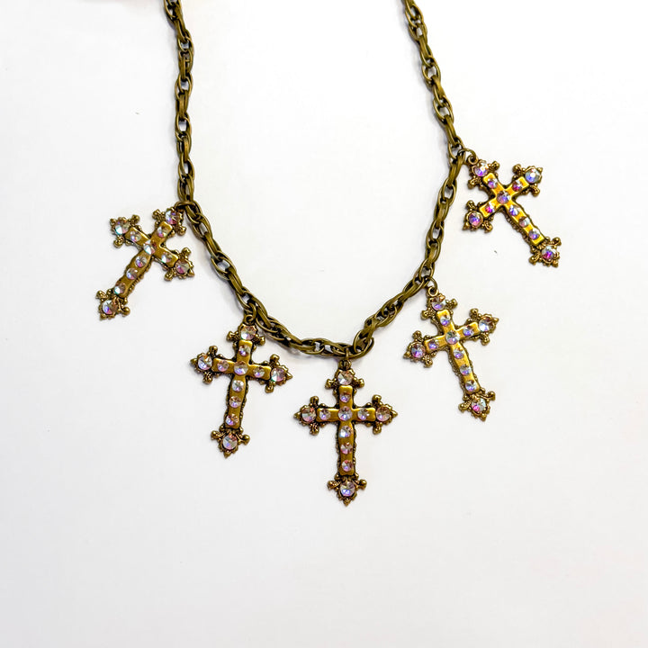 Pink Panache | Divine Sparkle Bronze Tone Necklace with Cross Charms and AB Crystal Accents
