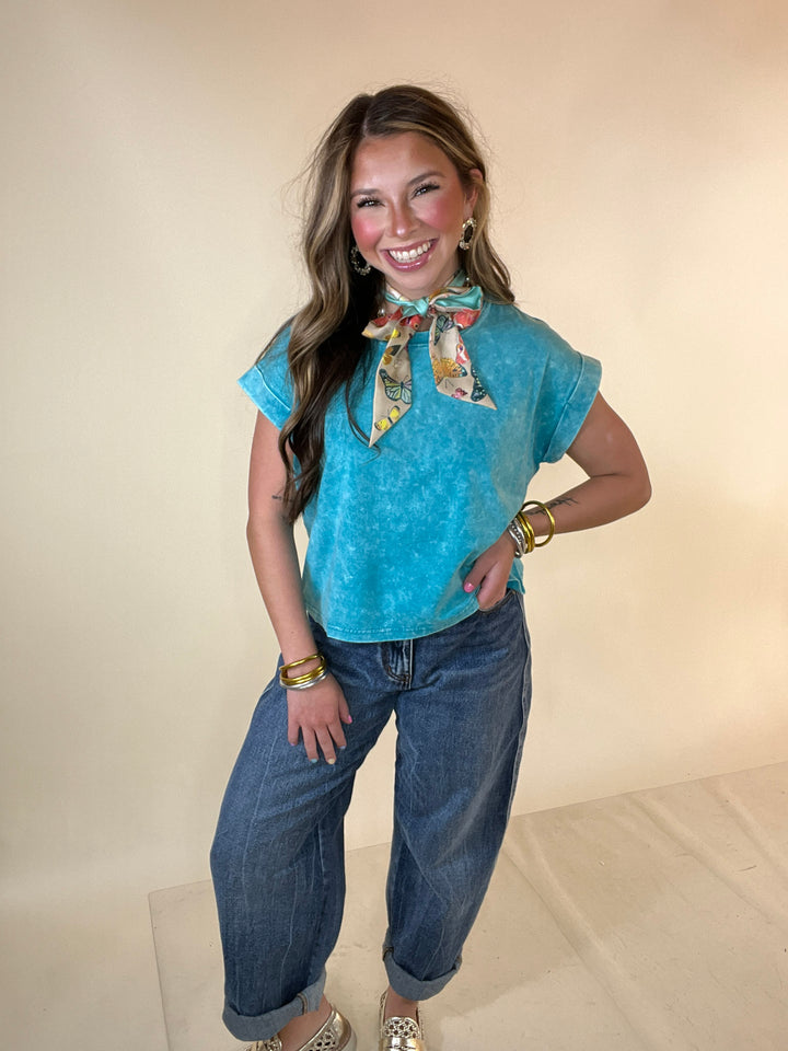 Easy Chic Mineral Washed Short Sleeve Cropped Tee in Teal Blue