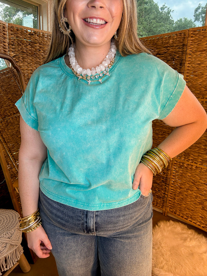 Easy Chic Mineral Washed Short Sleeve Cropped Tee in Turquoise Blue