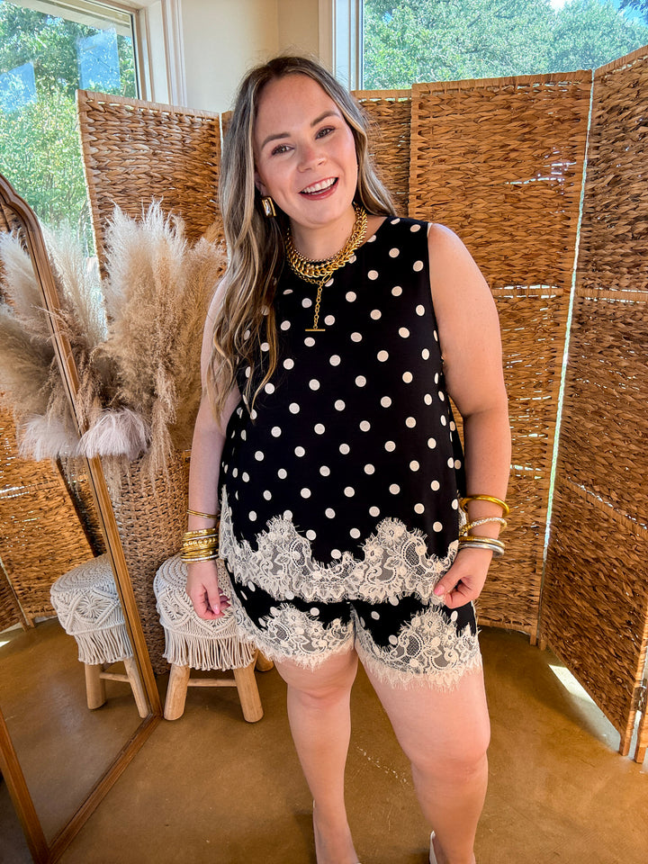 Pretty Little Something Polka Dot Sleeveless Tank Top with Lace Trim Detailing in Black