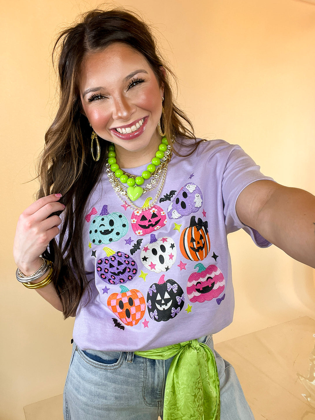 The Pumpkin Club Colorful Jack-O’-Lantern Halloween Graphic Tee in Lavender Purple
