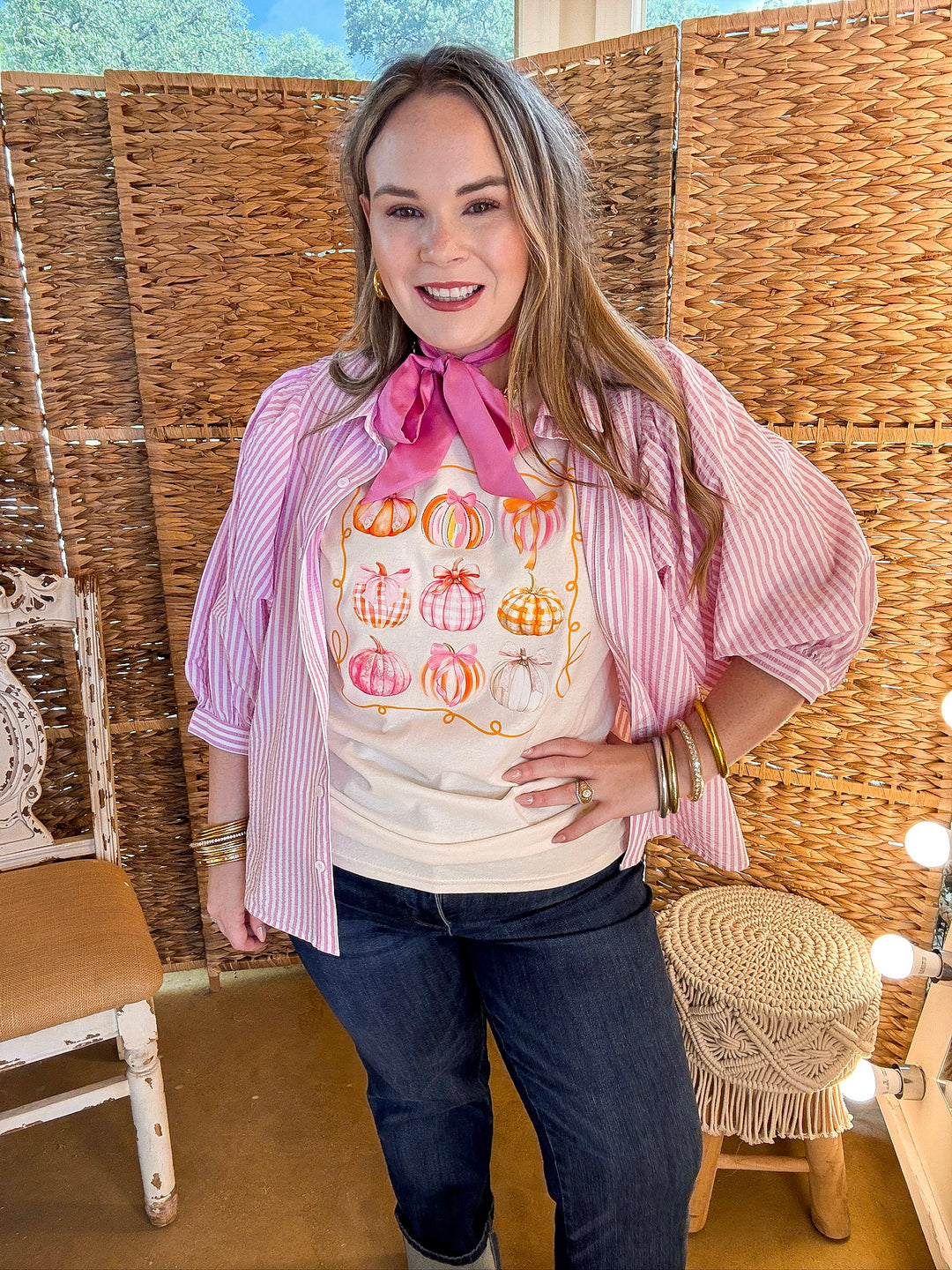 Pretty Little Pumpkins Bow and Pumpkin Fall Graphic Tee in Natural