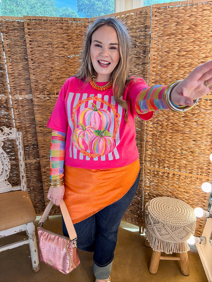 Fall in Full Color Stripe Watercolor Pumpkin Fall Graphic Tee in Hot Pink