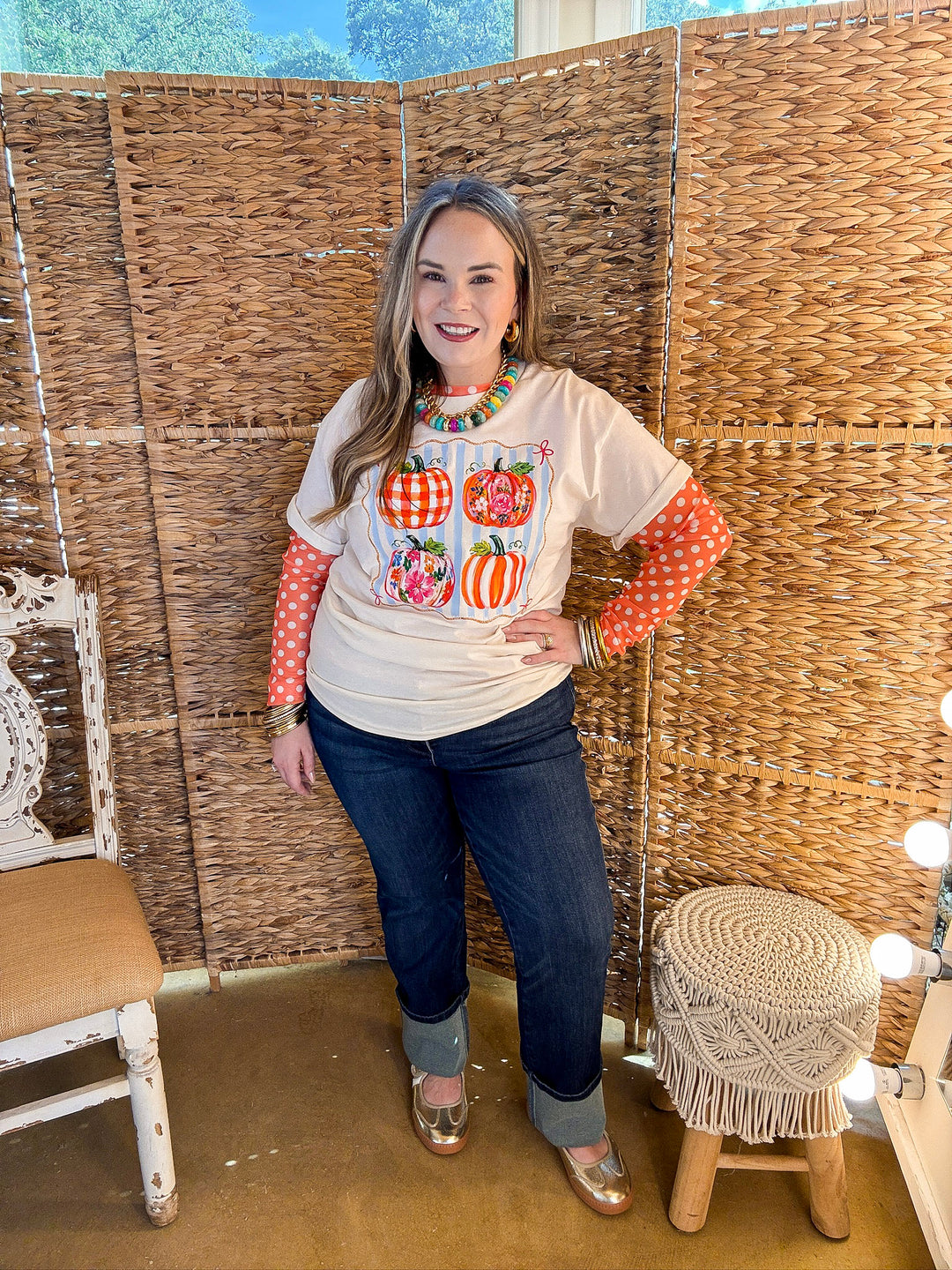 Prettiest in the Patch Stripe and Pumpkin Fall Graphic Tee in Natural