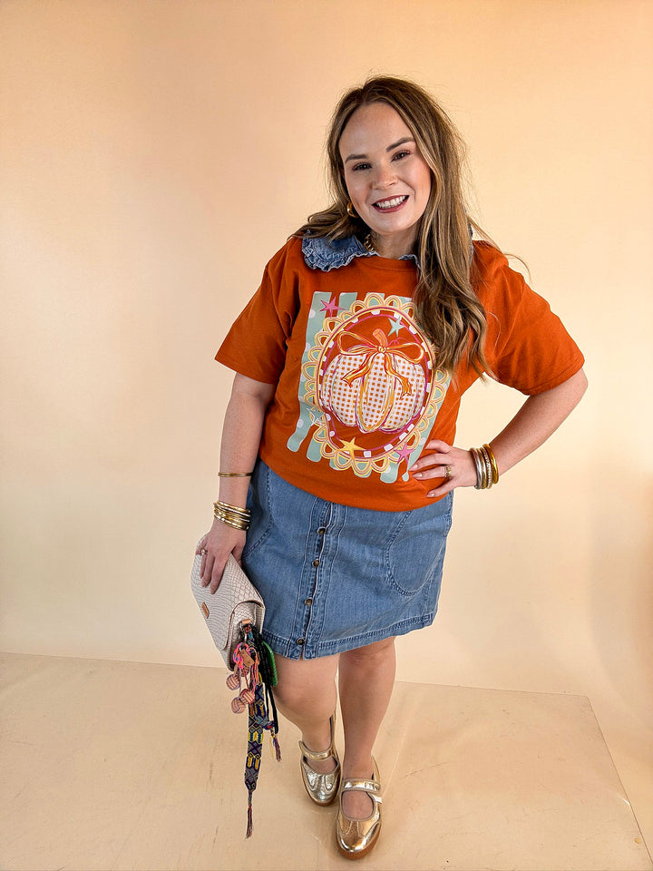 Sweet on the Season Gingham Pumpkin, Stripe and Polka Dot Design with Bow Detail Fall Graphic Tee in Rust Orange