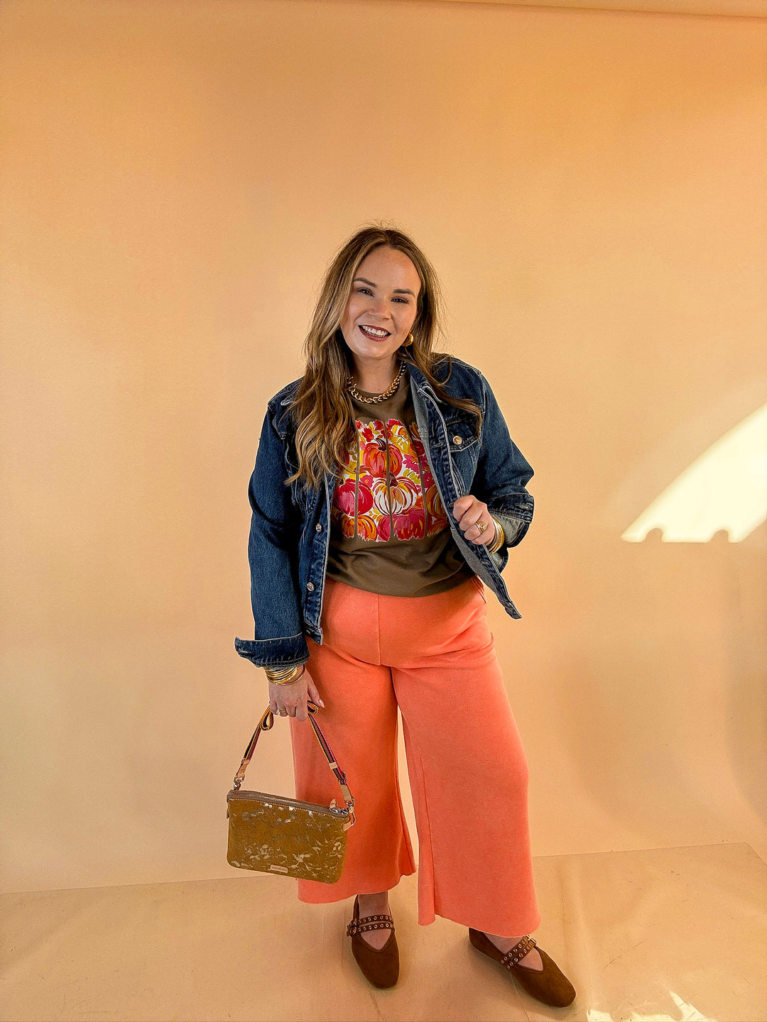 Art of the Season Painted Pumpkin and Floral Watercolor Stripes Fall Graphic Tee in Brown