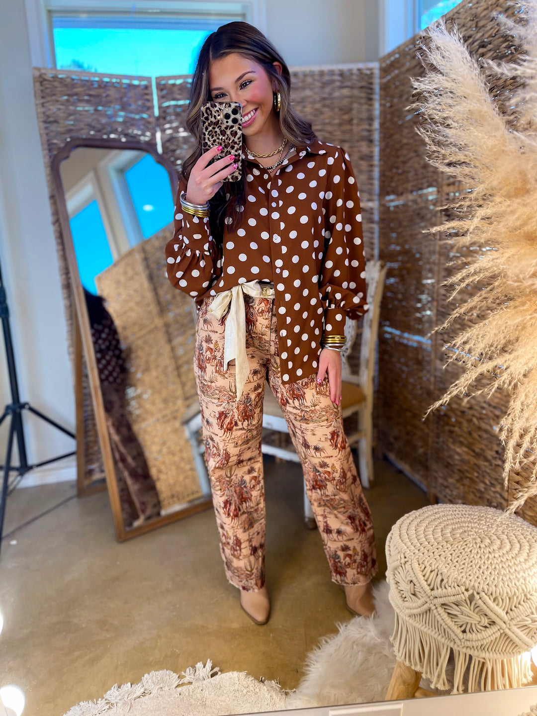 Story of the West Straight Leg Raw Hem Western Print Pants in Taupe Brown