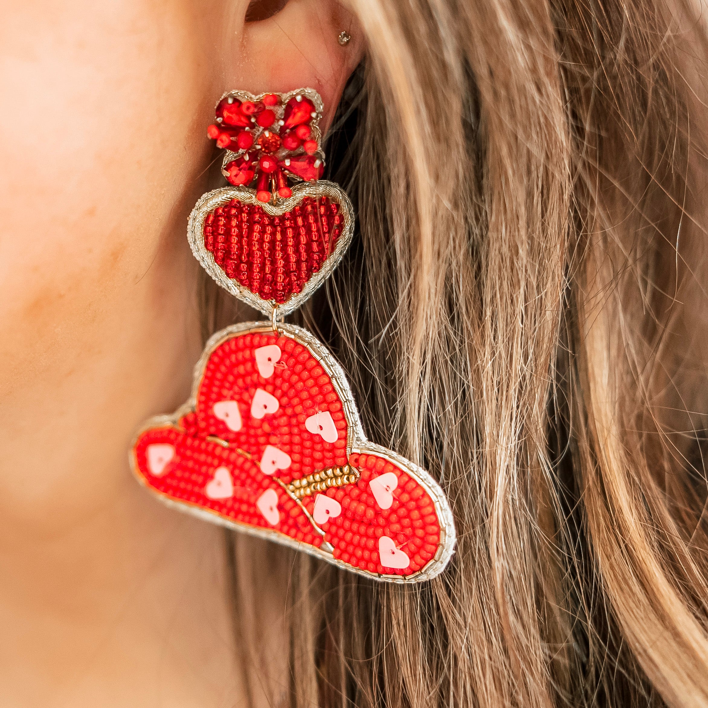 Beaded Heart and Cowboy Hat Earrings with Pink Hearts in Red - Giddy Up Glamour Boutique