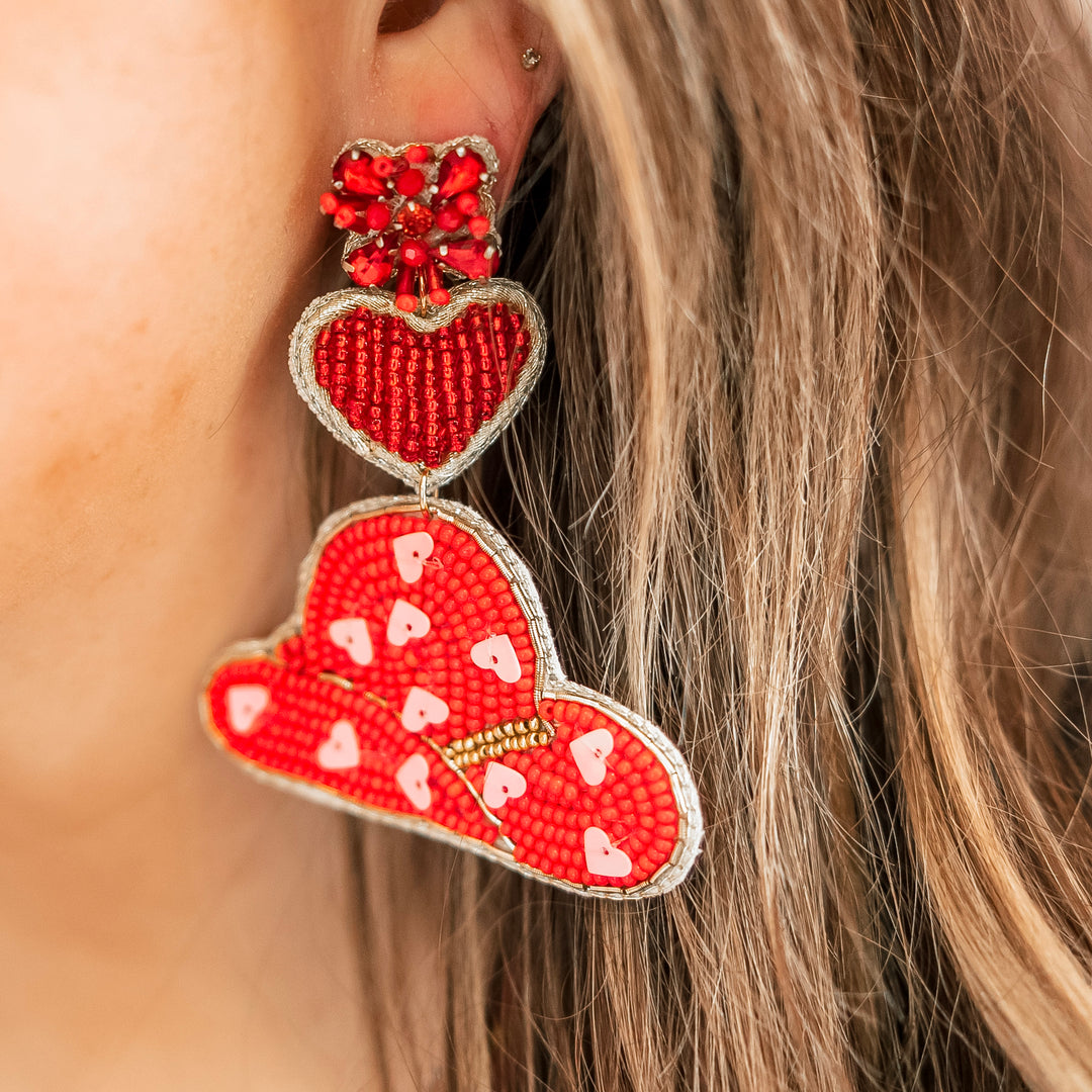 Beaded Heart and Cowboy Hat Earrings with Pink Hearts in Red - Giddy Up Glamour Boutique
