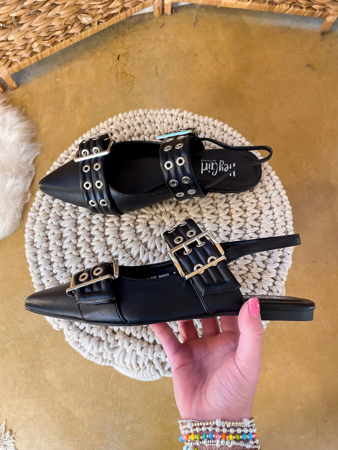 Corky's | On the Prowl Pointed Toe Buckle Slingback Mule Flat Sandal in Black