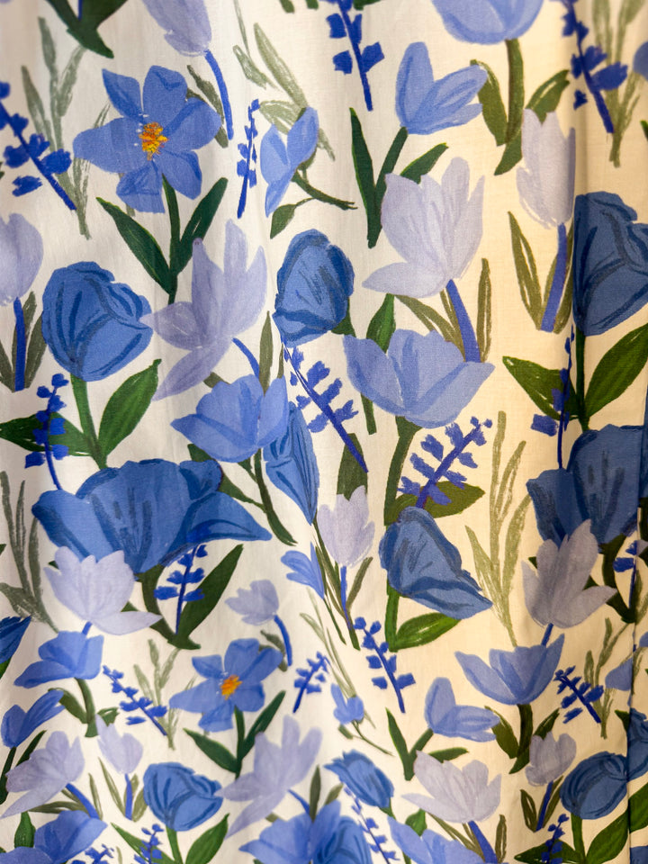 Gracefully Yours Floral Print Midi Dress with Contrast Ruffle Trim in Blue