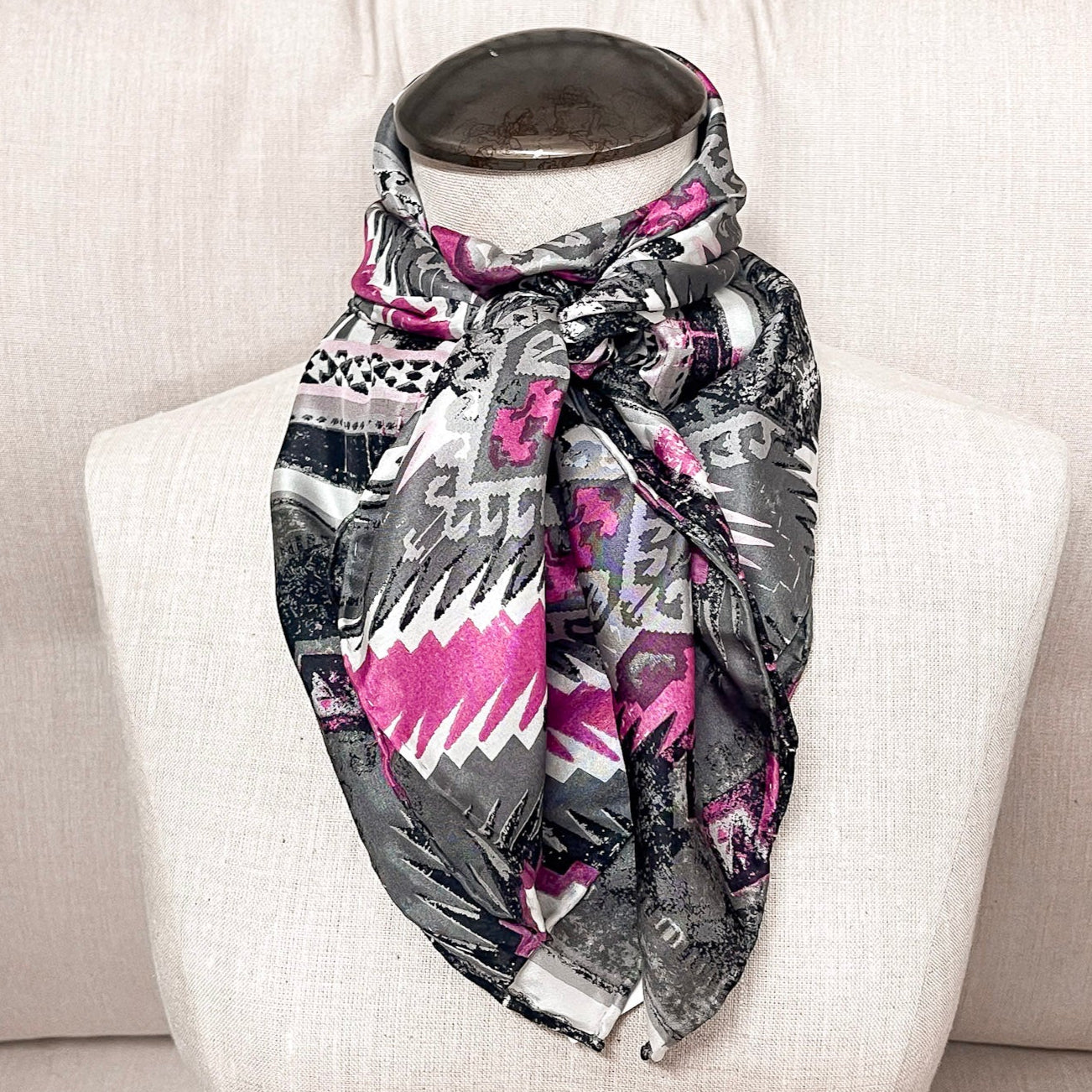 Aztec Silk Wild Rag in Silver and Pink