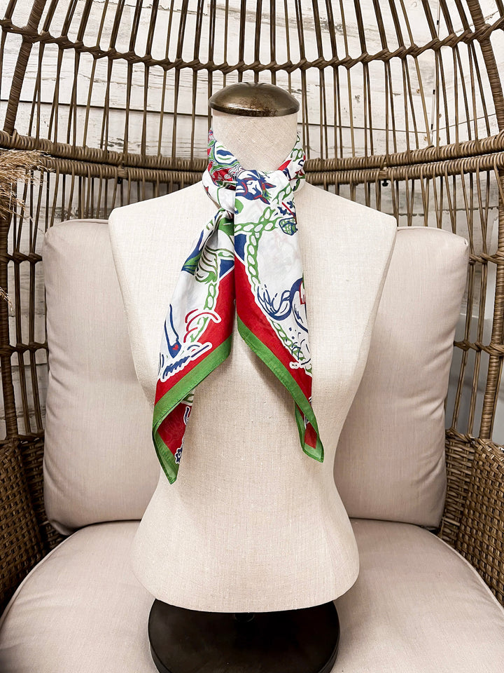 XOXO Art & Co | Greetings from the Rodeo Print Shorty Wild Rag Scarf in Ivory, Green, Red and Blue