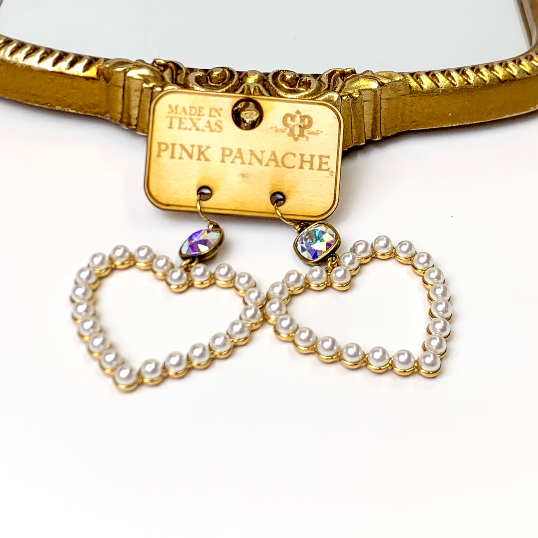 Pink Panache | Gold Tone Heart Shaped Drop Earrings with Pearl Accents and Cushion Cut AB Crystal - Giddy Up Glamour Boutique