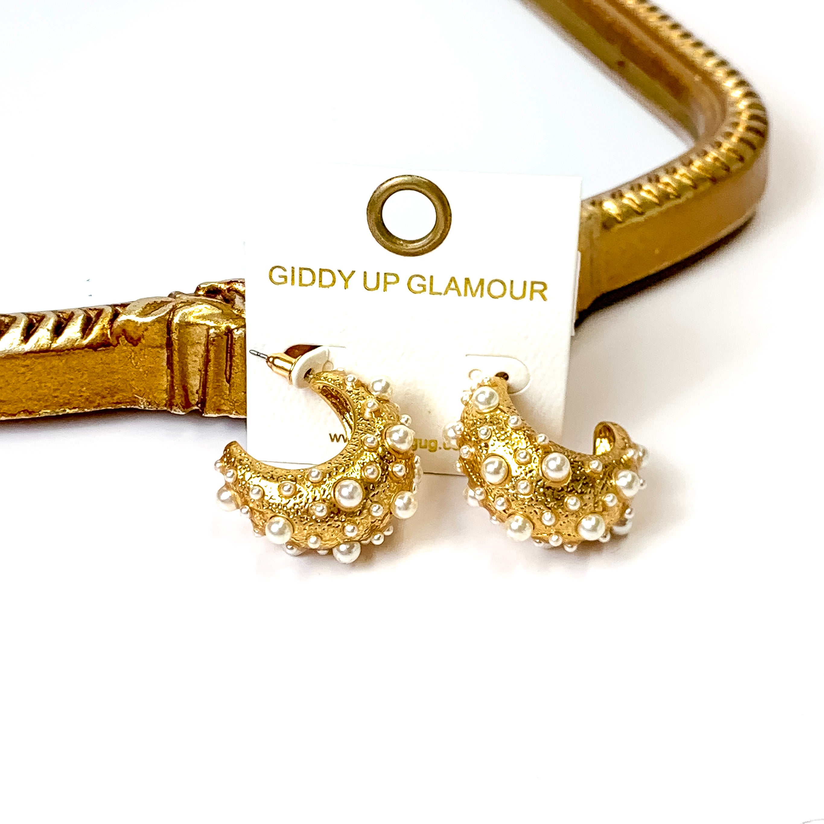 Gold Tone Pearl Accented Hoop Earrings - Giddy Up Glamour Boutique