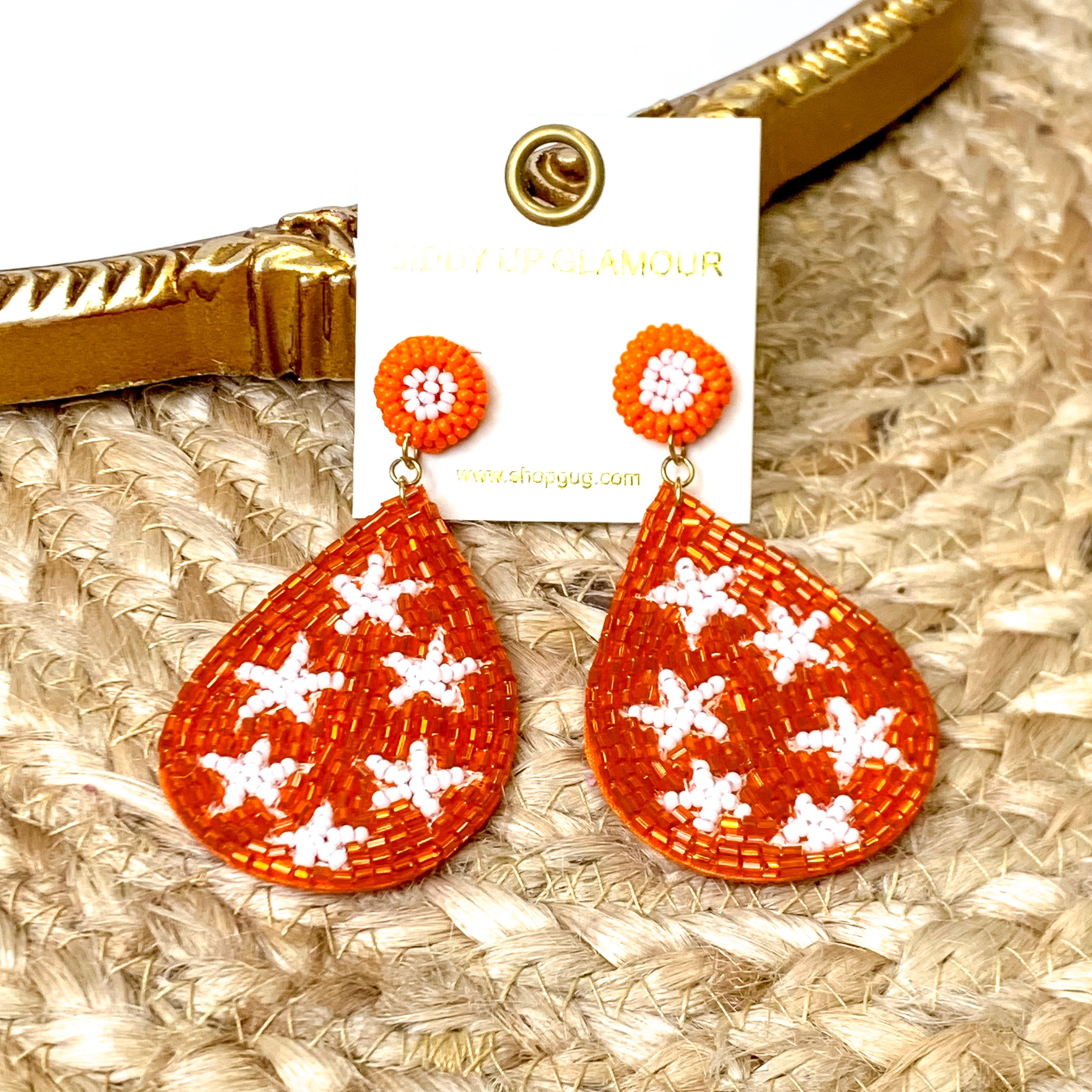 Beaded Teardrop Dangle Earrings with Stars in Orange and White - Giddy Up Glamour Boutique