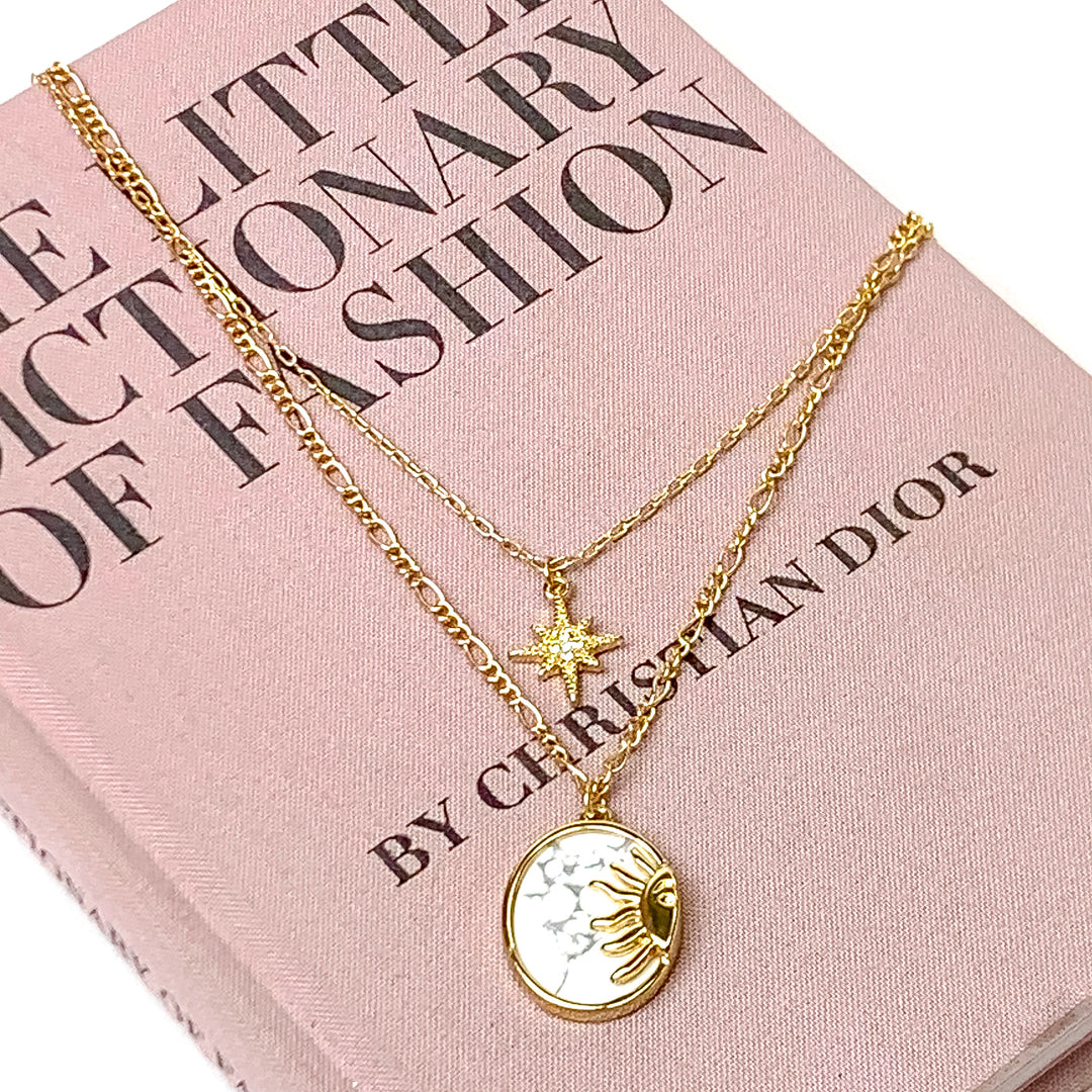 Double Layered Necklace with Oval Semi Precious Stone Pendant in White - Giddy Up Glamour Boutique