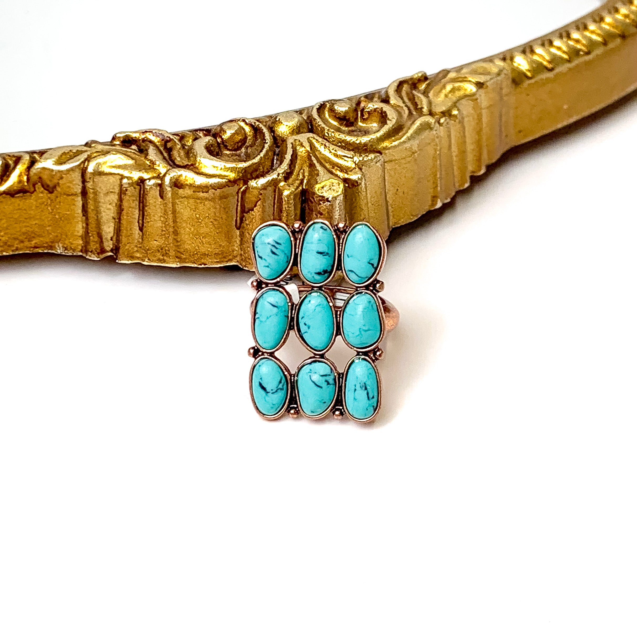 Copper Tone Western Nine Stone Stretchy Ring in Turquoise Blue - Giddy Up Glamour Boutique