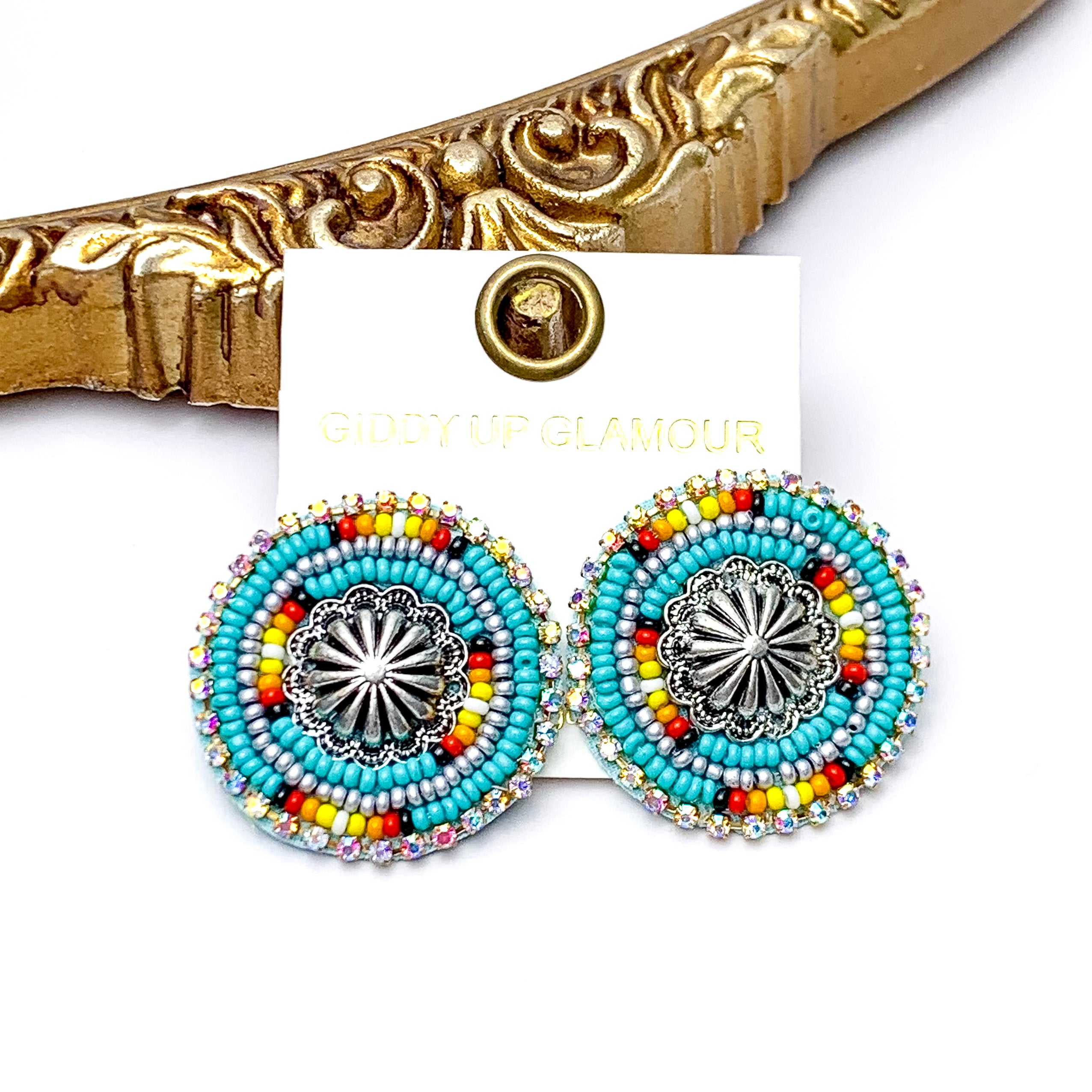 Frontier Flair Concho Seed Beaded Stud Earrings in Turquoise
