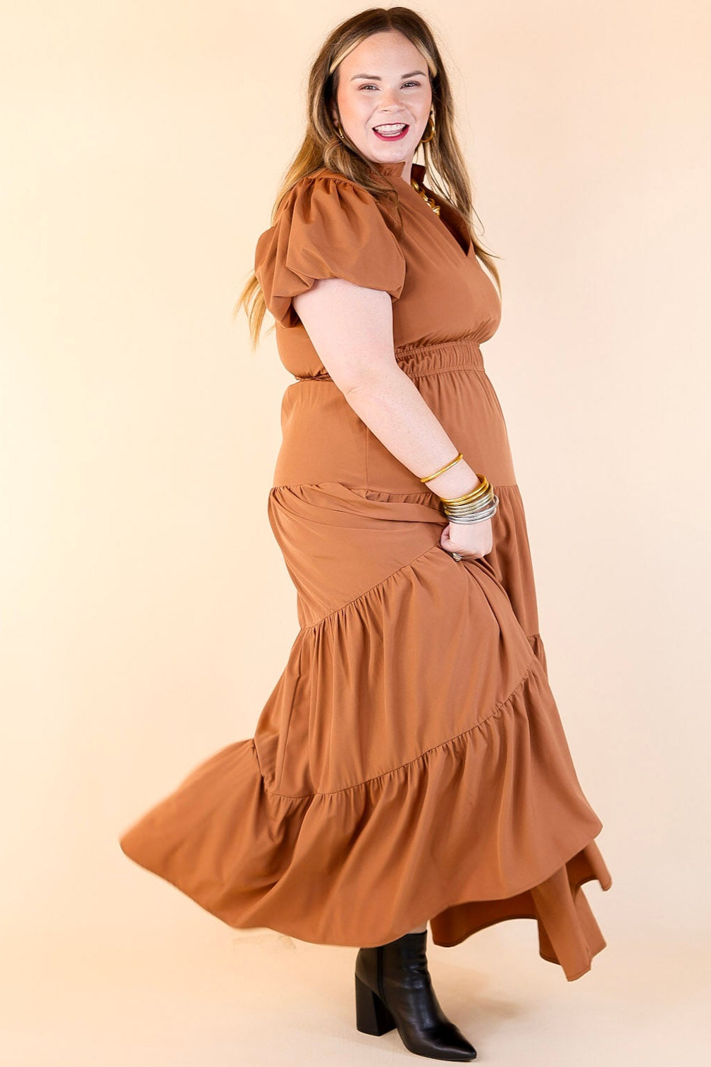 Table for Two Tiered Maxi Dress with Puff Sleeves in Clay Rust Orange